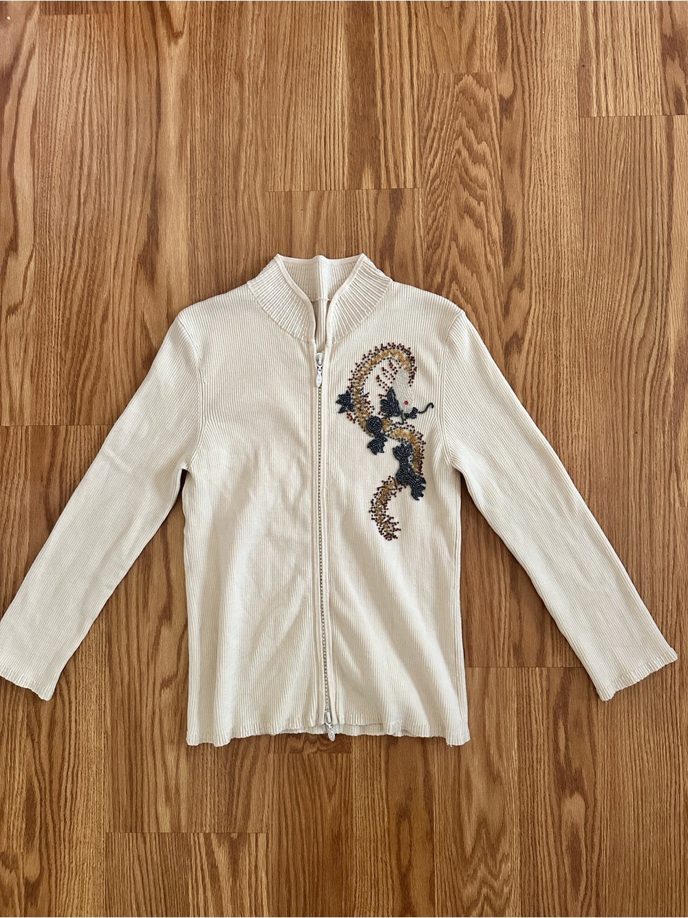 Vintage Y2K Cream Ribbed Knit Dragon Zipper Cardigan